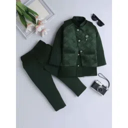 Fourfolds Boys Dark Green Solid Full Sleeves Indowestern Sets-picture-24