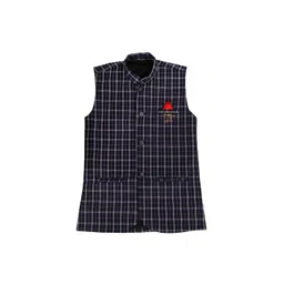 FOURFOLDS Boys Navy Blue & White Checked Woven Nehru Jacket-picture-17