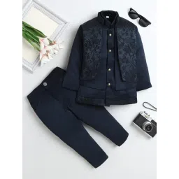 Fourfolds Boys Navy Blue Embroidered Regular Fit Indowestern Set-picture-11