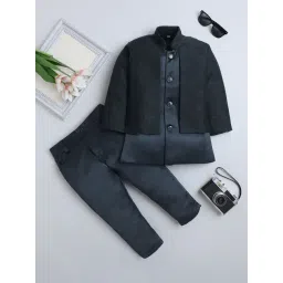 Fourfolds Boys Navy Blue Regular Fit Jacquard Print Indowestern Set-picture-45