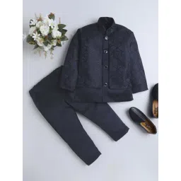 Fourfolds Boys Navy Blue Solid Full Sleeves Indowestern Sets-picture-14