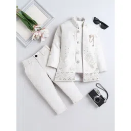 Fourfolds Boys Off White Regular Fit Embroidered Indowestern Set-picture-17