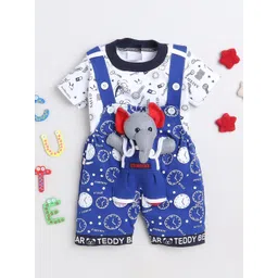 FOURFOLDS Conversational Printed Cotton Dungaree With T-Shirt-image-11