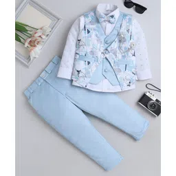 Fourfolds Cotton Blend Woven Full Sleeves Abstract Printed 3 Piece Party Suit Set With Bow - Pastel Blue-picture-18