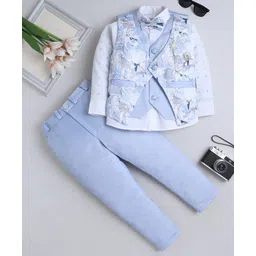 Fourfolds Cotton Blend Woven Full Sleeves Abstract Printed 3 Piece Party Suit Set With Bow - Sky Blue-picture-37
