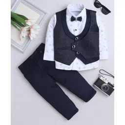 Fourfolds Cotton Blend Woven Full Sleeves Doodle Art Printed & Damask Embroidered 3 Piece Party Suit Set With Bow - Navy Blue-image-16