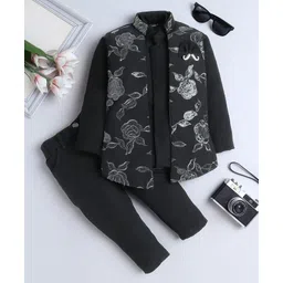 Fourfolds Cotton Blend Woven Full Sleeves Floral Design Sequins Embellished Sherwani & Trouser Set With Jacket - Black-picture-36