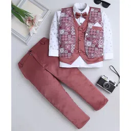 Fourfolds Cotton Blend Woven Full Sleeves Geometric Printed Sequins Embellished 3 Piece Party Suit Set With Bow - Mauve-picture-20