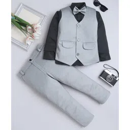 Fourfolds Cotton Blend Woven Full Sleeves Leaf Motifs 3 Piece Party Suit Set With Bow - Grey-image-41