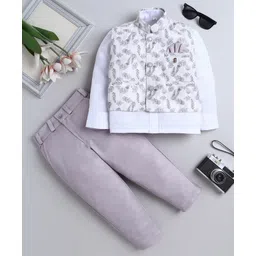 Fourfolds Cotton Blend Woven Full Sleeves Leaf Printed 3 Piece Party Suit Set - Grey-picture-29