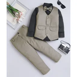 Fourfolds Cotton Blend Woven Full Sleeves Solid 3 Piece Party Suit Set With Bow - Brown-image-35