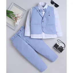 Fourfolds Cotton Blend Woven Full Sleeves Solid 3 Piece Party Suit Set With Bow - Sky Blue-picture-11