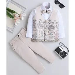 Fourfolds Cotton Blend Woven Full Sleeves Trees & Floral Embroidered 3 Piece Party Suit With Bow Set - Beige-picture-35