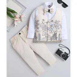 Fourfolds Cotton Blend Woven Full Sleeves Trees & Floral Embroidered 3 Piece Party Suit With Bow Set - Off White-image-30