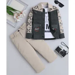 Fourfolds Cotton Blend Woven Full Sleeves Typography Printed Jacket & Trouser Set With Tee - Grey-picture-21