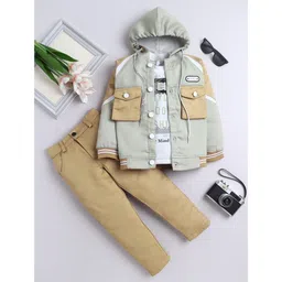 Fourfolds Cotton Blend Woven Trendy Style Text Printed Tee & Trousers With Full Sleeves Hooded Jacket Set - Light Green-picture-14