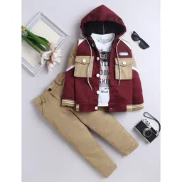Fourfolds Cotton Blend Woven Trendy Style Text Printed Tee & Trousers With Full Sleeves Hooded Jacket Set - Maroon-picture-14