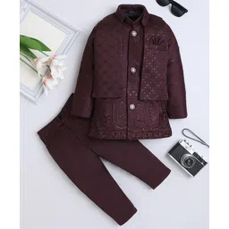 Fourfolds Woven Full Sleeves Sequin Embellished & Floral Embroidered Sherwani & Trouser Set With Jacket - Wine-picture-20