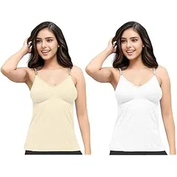 Fox World Women's/Girls Cotton Double Layered Seamless Bra Slip Camisole Skin, White - Pack of 2-85cm-picture-45