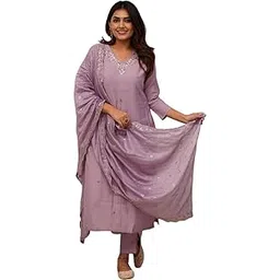 foxdx Ethnic Kurta Set for Women 3/4 Sleeve, V- Neck, Art Silk A-line Solid Kurta with Pant and Dupatta Set.-picture-14