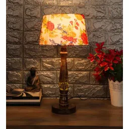 Orange & White Fabric Shade Table Lamp with Brown and Yellow Base by Foziq-image-1