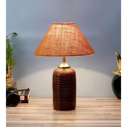 Orange & White Natural Fiber Shade Table Lamp With Brown Base By Foziq-image-35