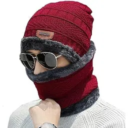 fqzilon Winter Sports Cap & Muffler for Men & Women Beanie Cap 1 Set| (RED)-picture-49