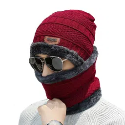 fqzilon Winter Sports Cap & Muffler for Men & Women Beanie Cap 1 Set| (RED) image 1