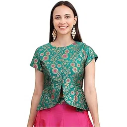 fr frolic rolic Frolic Rolic Green Silk Jacquard Wowen Design Waist Length Ethnic Blouse-picture-19