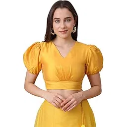 fr frolic rolic Frolic Rolic Women's Girls Silk Puff Sleeve Solid V-Neck Crop Top Blouse for Party Wedding Festive-picture-30