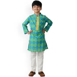 frangipani Boys Green & White Printed Pure Cotton Kurta with Pyjamas-picture-15