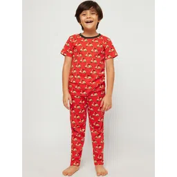 frangipani Boys Pack of 2 Red & Blue Conversational Printed Pure Cotton Night suit-picture-21