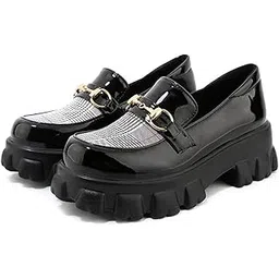 Smart Casual Checkered Front Buckle Detailed Loafers for Women & Girls Black-image-41