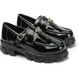 Smart Casual Golden Saddle Front Buckle Detailed Loafers for Women & Girls-image-40