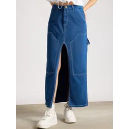 FREAKINS Blue Pure Cotton Cut Out A-Line Maxi Skirt-picture-24