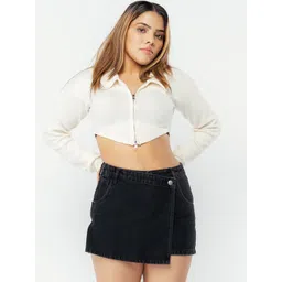 FREAKINS Women Black High-Rise Pure Cotton Denim Skorts-picture-31