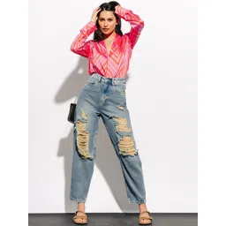 FREAKINS Women Grey Straight Fit High-Rise Highly Distressed Heavy Fade Jeans-picture-29