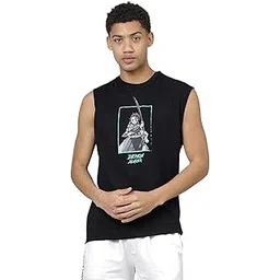 free authority Official Demon Slayer: Tanjiro Kamado Anime Graphic Print Pure Cotton Sleeveless Black Regular Fit Tshirt for Men-picture-46