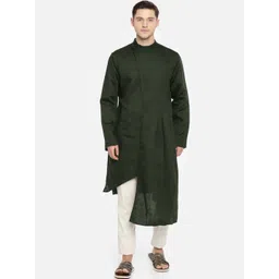 Freehand by The Indian Garage Co Men Olive Green Solid Straight Kurta-picture-30