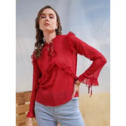 Freehand by The Indian Garage Co Self Design Tie-Up Neck Bell Sleeve Top-picture-20