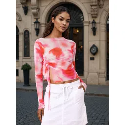 Freehand by The Indian Garage Co Tie & Dye Dyed Boat Neck Ruched Fitted Crop Top-picture-30