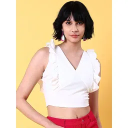 Freehand by The Indian Garage Co White V-Neck Flutter Sleeves Crop Top-picture-26