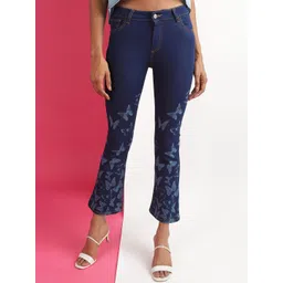 Freehand by The Indian Garage Co Women Blue Printed Bootcut Mid-Rise Stretchable Jeans-picture-16