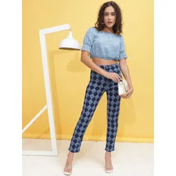 Freehand by The Indian Garage Co Women Blue Printed Straight Fit High-Rise Stretchable Jeans image 5