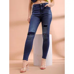 Freehand by The Indian Garage Co Women Blue Slim Fit Highly Distressed Light Fade Stretchable Jeans-picture-13