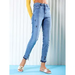 Freehand by The Indian Garage Co Women Blue Straight Fit High-Rise Low Distress Light Fade Stretchable Jeans-picture-15