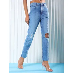 Freehand by The Indian Garage Co Women Blue Straight Fit Mid-Rise Slash Knee Light Fade Stretchable Jeans-picture-28
