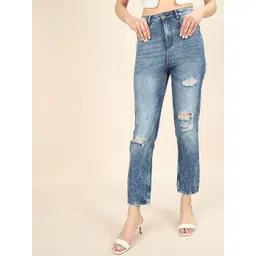 Freehand by The Indian Garage Co Women Blue Straight Fit Slash Knee Light Fade Jeans-picture-11