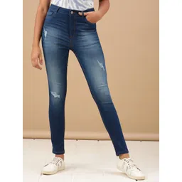 Freehand by The Indian Garage Co Women Blue Super Skinny Fit High-Rise Low Distress Heavy Fade Stretchable Jeans-picture-34