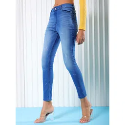 Freehand by The Indian Garage Co Women Blue Super Skinny Fit High-Rise Low Distress Light Fade Stretchable Jeans-picture-33